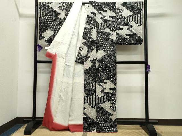 平和屋着物●本疋田絞り 小紋 吉祥花文 黒地 正絹 逸品 CABB0234gh