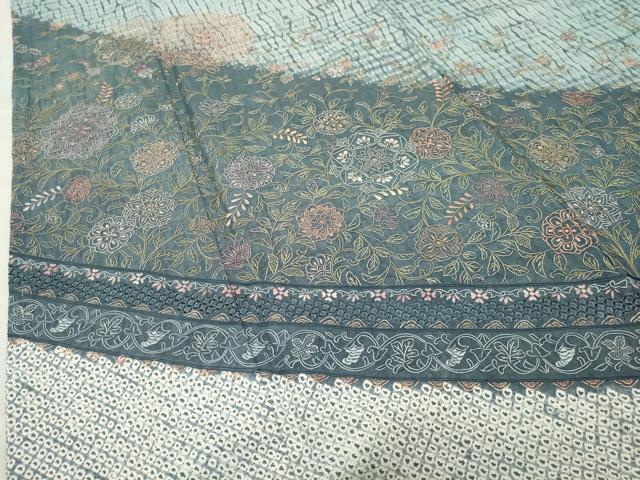 平和屋着物●中国三大刺繍 スワトウ刺繍 総刺繍 訪問着 紬地 杢目絞り 花唐草文 正絹 逸品 未使用 CABB0253gh