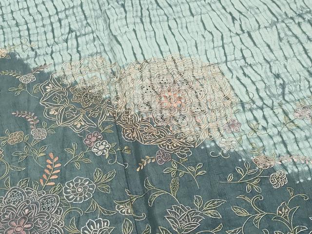平和屋着物●中国三大刺繍 スワトウ刺繍 総刺繍 訪問着 紬地 杢目絞り 花唐草文 正絹 逸品 未使用 CABB0253gh