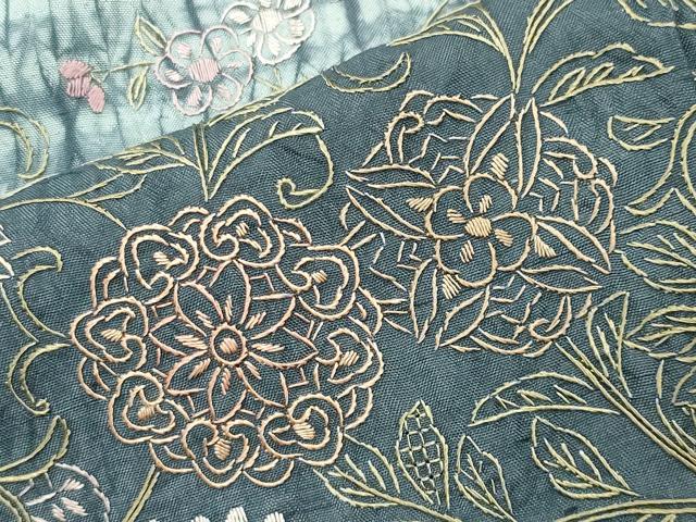 平和屋着物●中国三大刺繍 スワトウ刺繍 総刺繍 訪問着 紬地 杢目絞り 花唐草文 正絹 逸品 未使用 CABB0253gh