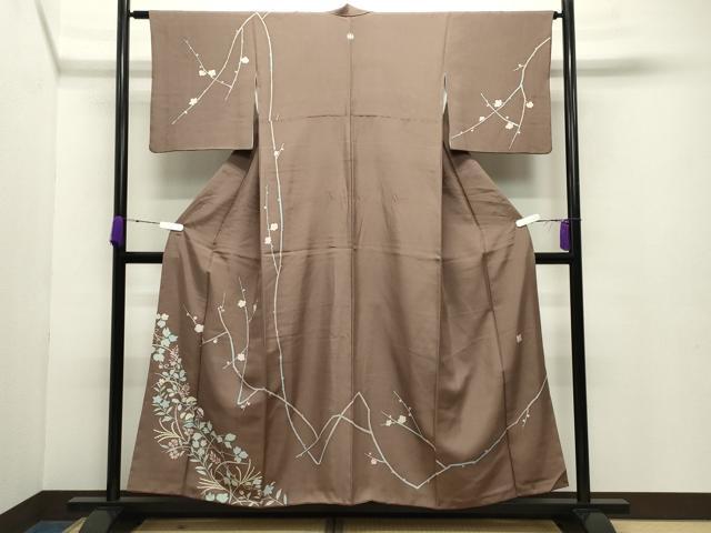 平和屋着物●訪問着 白山紬 友禅 作家物 枝梅花文 正絹 逸品 CABB0319gh