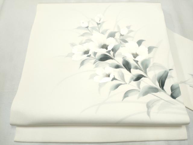 平和屋着物●塩瀬 九寸名古屋帯 作家物 手描き 枝花文 金彩 正絹 逸品 CABB0457hy