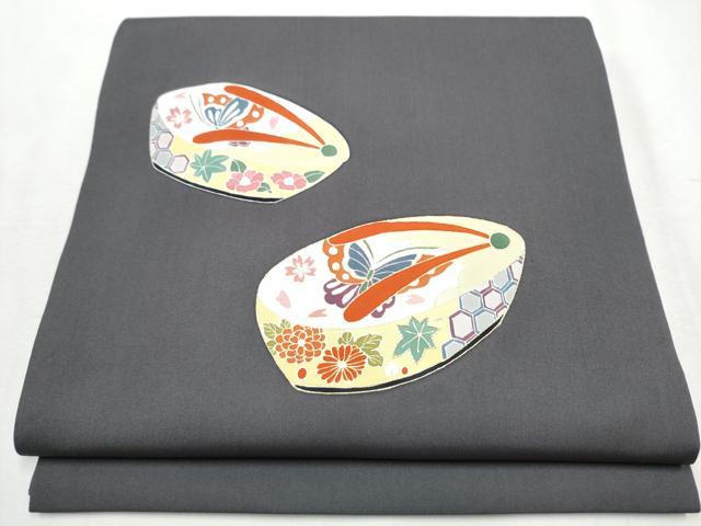 平和屋着物●塩瀬 九寸開き名古屋帯 駒刺繍 下駄 花蝶文 金彩 正絹 逸品 CABB0461hy