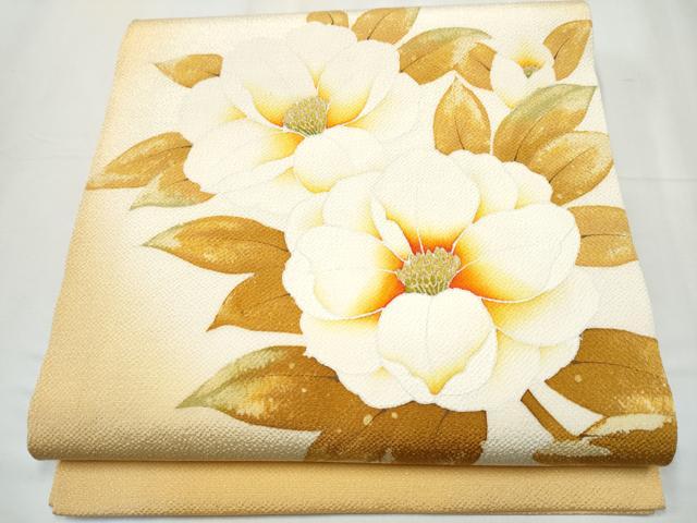 平和屋着物●鎌倉友禅　坂井教人　日本工芸会正会員　　九寸開き名古屋帯　椿　金彩　鬼しぼ縮緬　正絹　逸品　CABB0508hy 平和屋着物○鎌倉友禅 坂井教人 日本工芸会正会員 九寸開き