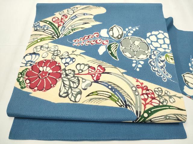 平和屋着物●九寸名古屋帯 型染め 草花文 鬼しぼ縮緬 正絹 逸品 CABB0593hy