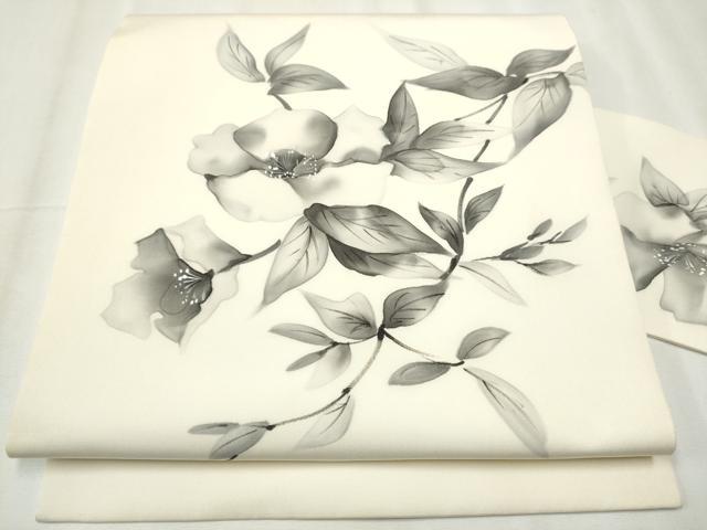 平和屋着物●塩瀬 九寸名古屋帯 作家物 手描き 枝花文 正絹 逸品 CABB0605hy