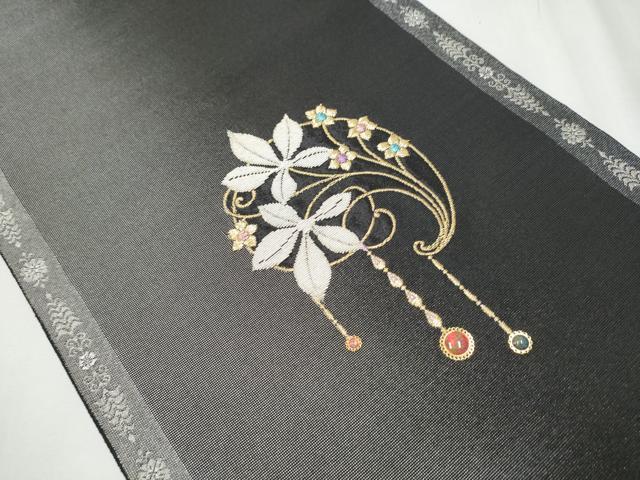 平和屋着物●太鼓柄袋帯 銀華山織 天然石 花唐草文 金銀糸 正絹 逸品 CABB0641hy