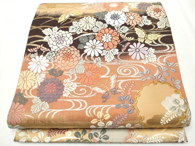 平和屋着物●六通柄袋帯 唐織 雪輪花蝶文 金糸 正絹 逸品 CABB0727hy