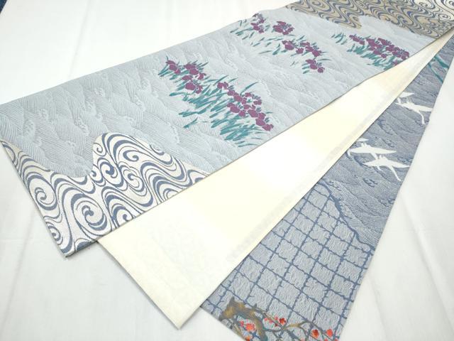 平和屋着物▽スリーシーズン 春夏秋 両方向 全通柄袋帯 流水枝梅文 風神雷神 銀糸 正絹 逸品 CABB0728hy