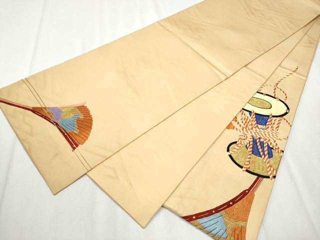 平和屋着物●アンティーク 大正ロマン 丸帯 総刺繍 駒刺繍 能面 横笛 金糸 正絹 逸品 CABB0747hy