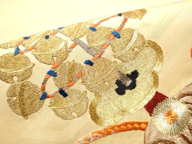 平和屋着物●アンティーク 大正ロマン 丸帯 総刺繍 駒刺繍 能面 横笛 金糸 正絹 逸品 CABB0747hy