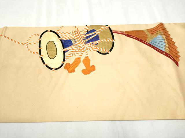 平和屋着物●アンティーク 大正ロマン 丸帯 総刺繍 駒刺繍 能面 横笛 金糸 正絹 逸品 CABB0747hy