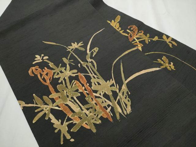 平和屋着物●九寸名古屋帯 紬地 ろうけつ染 つくし 黒地 金糸 正絹 逸品 CABB0772hy