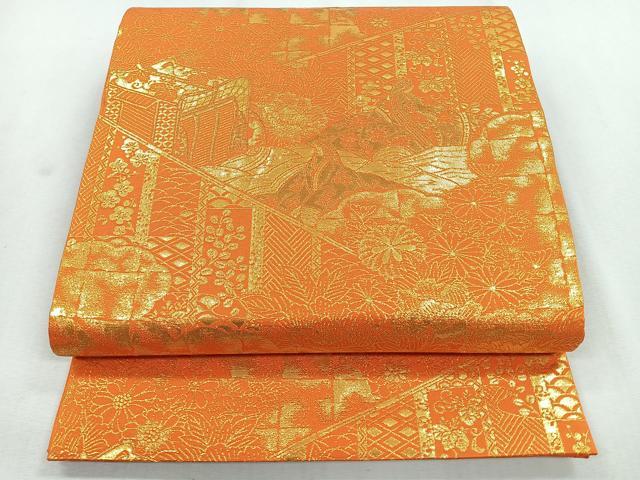 平和屋着物◎六通柄袋帯 風景女人文 金糸 正絹 逸品 未使用 CABB0815nb