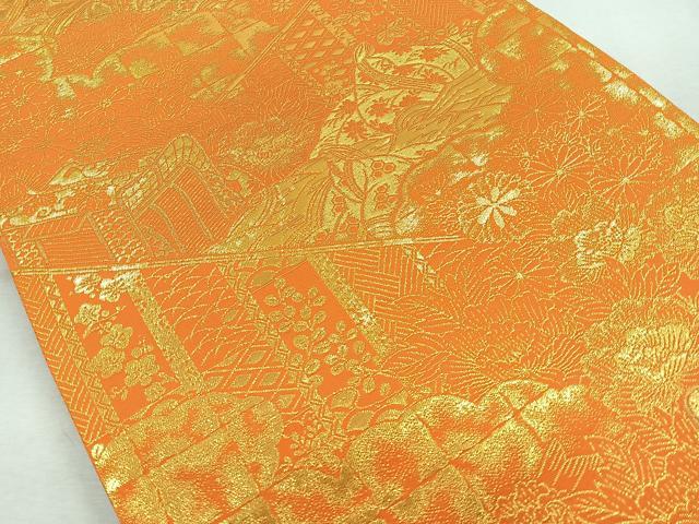 平和屋着物◎六通柄袋帯 風景女人文 金糸 正絹 逸品 未使用 CABB0815nb