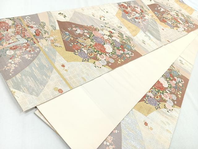 平和屋着物◎六通柄袋帯 扇面重に花車文 金銀糸 正絹 逸品 CABB0840nb