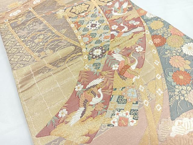 平和屋着物◎六通柄袋帯 唐織 几帳飛鶴花文 本うるし箔 正絹 逸品 CABB0918nb