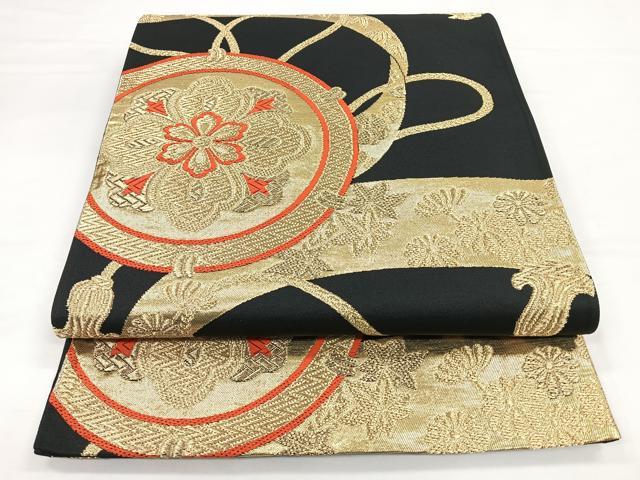 平和屋着物◎六通柄袋帯 唐織 鏡裏花文 黒地 金糸 正絹 逸品 CABB1058nb