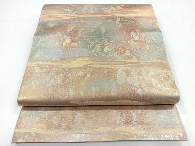 平和屋着物◎六通柄袋帯 流水花文 金糸 引箔 正絹 逸品 CABB1099nb