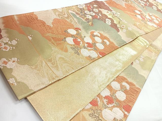 平和屋着物◎六通柄袋帯 流水花文 金糸 正絹 逸品 CABB1109nb