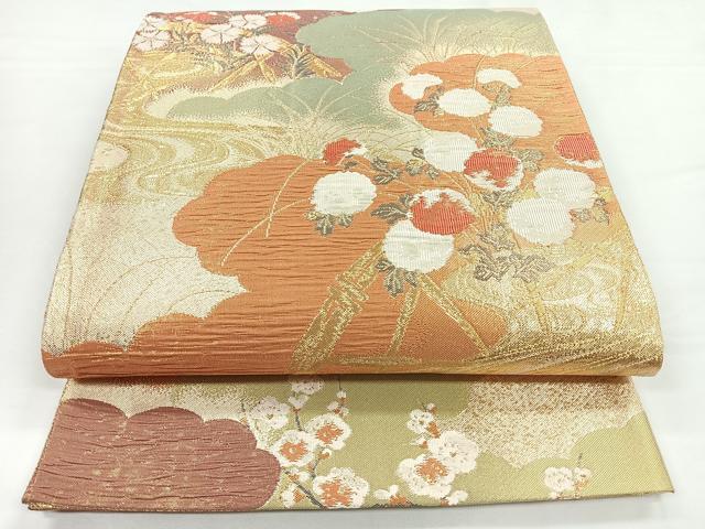 平和屋着物◎六通柄袋帯 流水花文 金糸 正絹 逸品 CABB1109nb