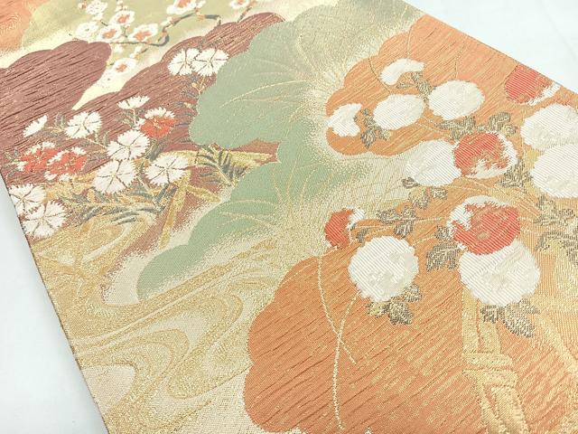 平和屋着物◎六通柄袋帯 流水花文 金糸 正絹 逸品 CABB1109nb