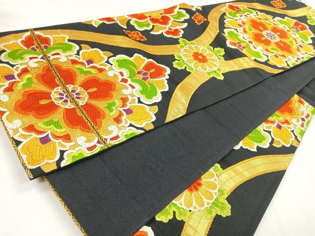 平和屋着物◎六通柄袋帯 唐織 立涌花文 黒地 金糸 正絹 逸品 CABB1167nb