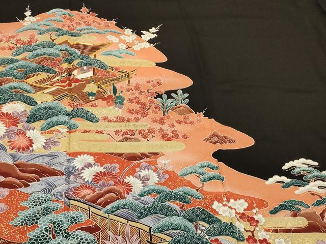 平和屋着物■豪華黒留袖 駒刺繍 人物風景文 金彩 正絹 逸品 CABB1266in