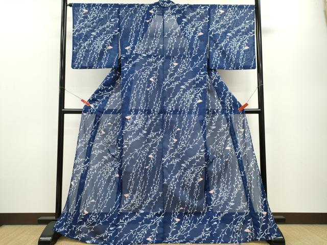 平和屋着物*夏物 小紋 絽 扇面枝垂れ柳文 洗える着物 CABB2099ze