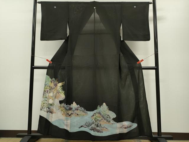平和屋着物*夏物 黒留袖 絽 刺繍 尾長鳥風景文 銀彩 洗える着物 CABB2168ze