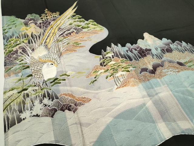 平和屋着物*夏物 黒留袖 絽 刺繍 尾長鳥風景文 銀彩 洗える着物 CABB2168ze