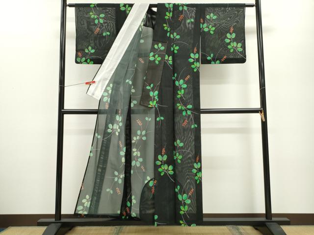 平和屋着物*夏物 小紋 絽 枝葉文 黒地 洗える着物 CABB2191ze