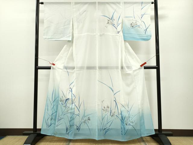 平和屋着物*夏物 訪問着 絽 手描き 魚 草花文 暈し染め 銀彩 洗える着物 CABB2209ze