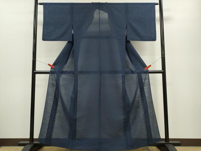 平和屋着物*夏物 色無地 芝草紋紗 留紺色 正絹 逸品 CABB2292ze