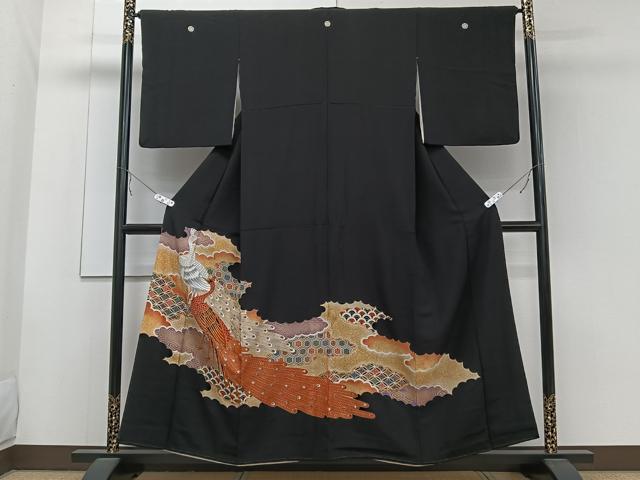 平和屋着物■豪華黒留袖 駒刺繍 孔雀花文 金彩 正絹 逸品 CABB2784xi