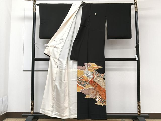 平和屋着物■豪華黒留袖 駒刺繍 孔雀花文 金彩 正絹 逸品 CABB2784xi