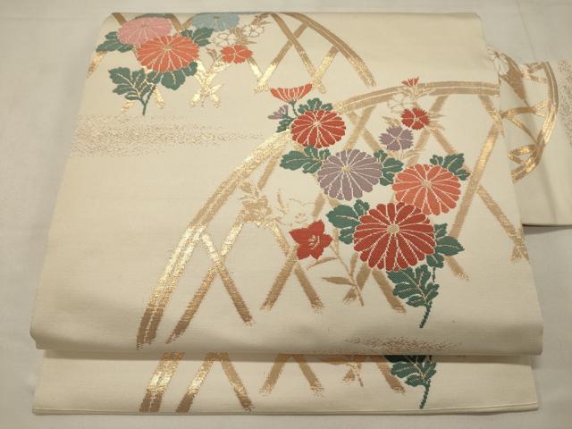 平和屋着物◎九寸名古屋帯 籬菊文 金糸 正絹 逸品 CABB3543oy