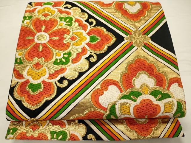 平和屋着物◎六通柄袋帯 唐織 菱正倉院花文 黒地 金糸 正絹 逸品 CABB3578oy
