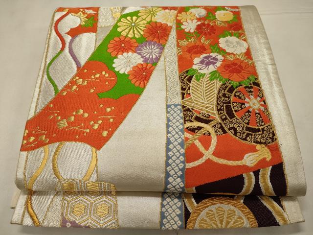 平和屋着物◎六通柄袋帯 唐織 短冊花車文 金銀糸 正絹 逸品 CABB3589oy