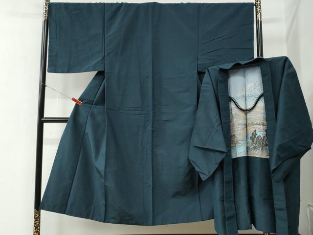 平和屋着物○男性 紬 アンサンブル 色無地 濃紺地 正絹 逸品 CABB4016yc