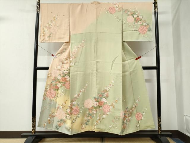 平和屋着物○訪問着 駒刺繍 絞り 牡丹花文 暈し染め 金彩