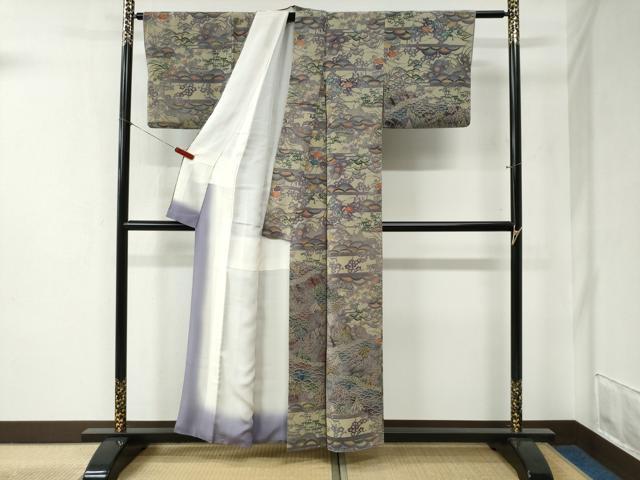 平和屋着物●上質な小紋 型染め 風景文 鬼しぼ縮緬 正絹 逸品 CABB4309yc