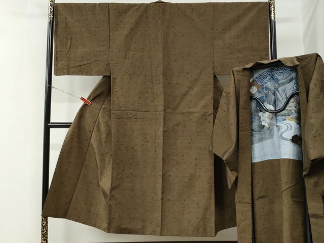 平和屋着物●男性 髭紬 アンサンブル 色無地 涅色 正絹 逸品 CABB4371yc