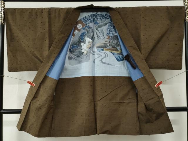 平和屋着物●男性 髭紬 アンサンブル 色無地 涅色 正絹 逸品 CABB4371yc