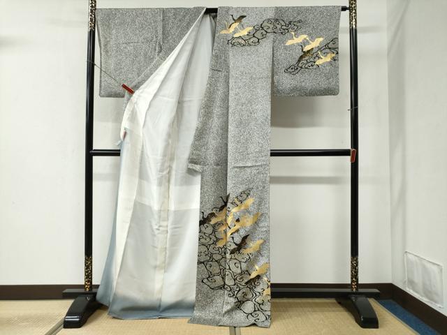 平和屋着物●訪問着 流水飛鶴文 たたき染め 黒地 金彩 ロング丈 正絹 逸品 CABB4405yc