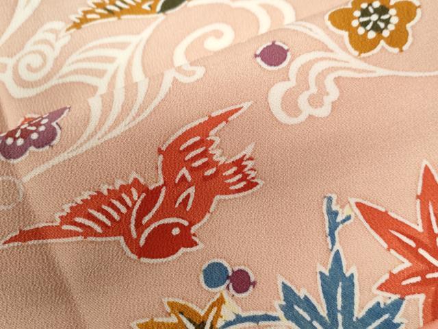 平和屋着物●上質な小紋 竜田川花鳥文 鬼しぼ縮緬 正絹 逸品 未使用 CABB4406yc