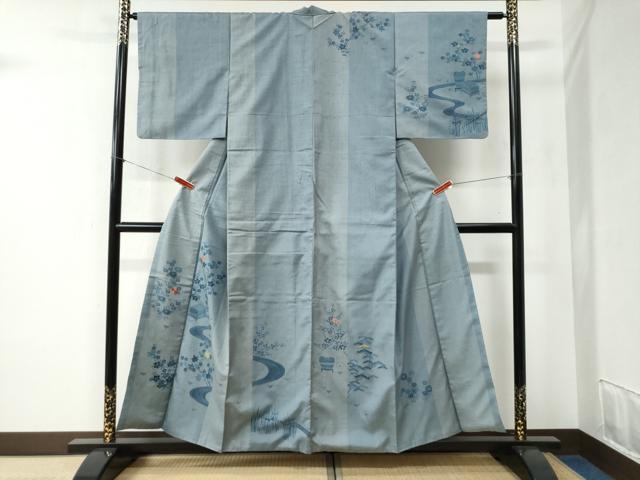 平和屋着物●人間国宝 五代 田畑喜八 訪問着 紬地 刺繍 竜田川文箱花文 正絹 逸品 CABB4442yc