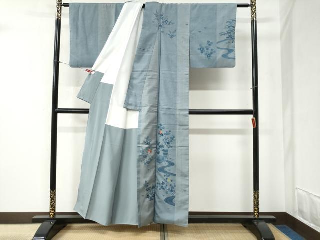 平和屋着物●人間国宝 五代 田畑喜八 訪問着 紬地 刺繍 竜田川文箱花文 正絹 逸品 CABB4442yc
