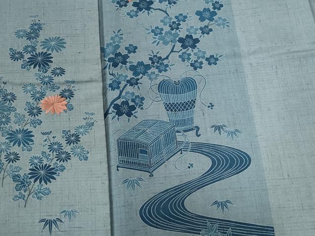 平和屋着物●人間国宝 五代 田畑喜八 訪問着 紬地 刺繍 竜田川文箱花文 正絹 逸品 CABB4442yc