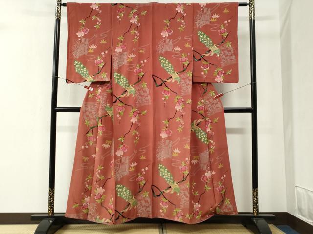 平和屋着物●アンティーク 大正ロマン 小紋 御所車几帳孔雀笹梅文 正絹 逸品 CABB4474yc